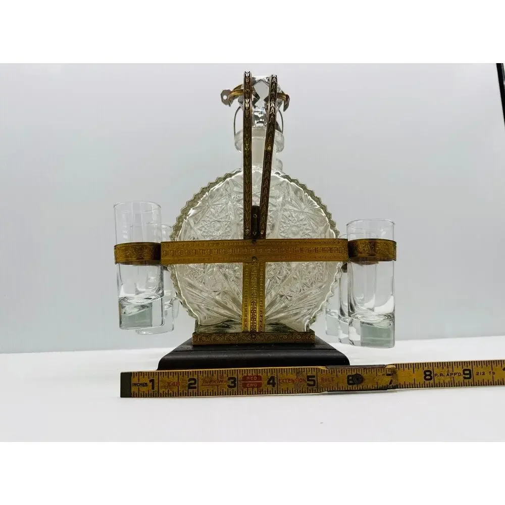 Vintage Cut Glass Decanter Set Brass Holder 6 Shot Glasses Wooden Base Barware